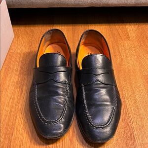 Santoni Black Leather Penny Loafers Sleek Slip-Ons